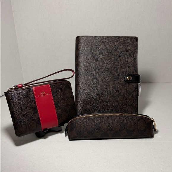 Coach Men's Brown and Red Leather Bag Set